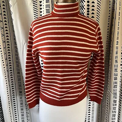 Vintage Bobbie Brooks Turtleneck Sweater Crop 60’s Wool Striped S Mod Rust Cream • $16