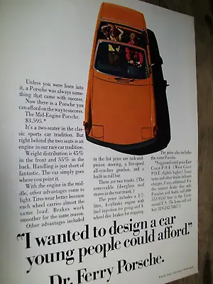 1971 Porsche 914 Mid-sized Mag Color Car Ad - Dr. Ferry Porsche • $5.95