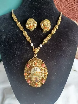Vintage Signed Western Germany Faux Pearl Coral Cab Sugar Floral Necklace Set • $31