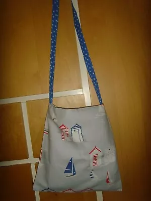 NEW BOAT BEACH HUT PRINT COTTON   14in  LINED SHOULDER TOTE BAG • £8.99