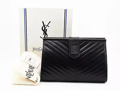 Yves Saint Laurent [Rank A] Clutch Bag Black YSL Leather Vintage V-stitch Auth • $605