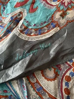 JOHNNY WAS 100% Silk Tassel Scarf Floral Paisley Turquoise Ivory Red Blue As New • $89