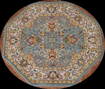 6x6 Ft.Octagon Wool Rug Floral Light Blue Heriz Serapi Indian Handmade Carpet • $405.60