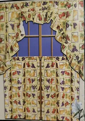 Kitchen Curtains Set: 2 Tiers (58 X36 ) & Swag (58 X36 ) FRUITS IN SQUARES By BH • $19.99