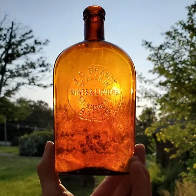 J.C. Brandt Amber Pint Strap Side Antique Whiskey Flask From Baltimore MD • $80