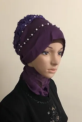 Fancy Hijab Bonnet Scarf Tichel Lady Turban Chemo Style Party Pearly Purple • £26.02