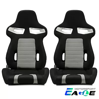 2xBlack PVC Main&Punching Leather Reclinable Racing Seats+Single Adjustor Slider • $295.98