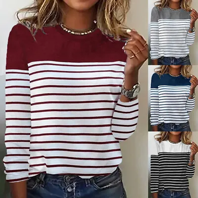 Women Crew Neck Striped Long Sleeve Tee Top Ladies Pullover T Shirt Casual Tops • £13.19