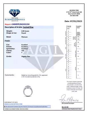 1 Carat F VS2 Round Brilliant Natural Certified Diamonds Platinum Cocktail Ring • £2830.70