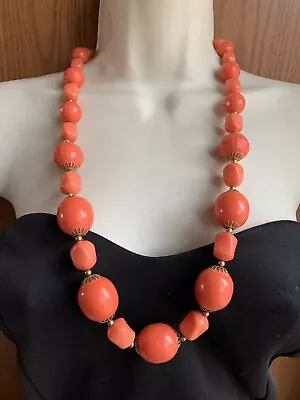 Vintage Mod CHUNKY ORANGE PLASTIC BIG BEAD STATEMENT NECKLACE 29  Long Estate • $14.95