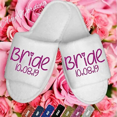 Bride Personalised Hearts Spa Slippers Wedding Bridesmaid White Glitter Dancing • £1.99