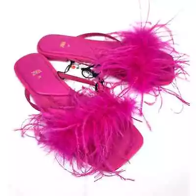 NWT Fuschia ZARA Flat Thong Sandals W/ Feather Embellishment Women Sz 6 EU 36 • $32