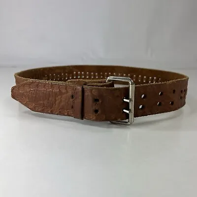 Vintage Two Prong Wide Brown Laced & Embossed Leather Belt - Women's Size 30 • $14.40