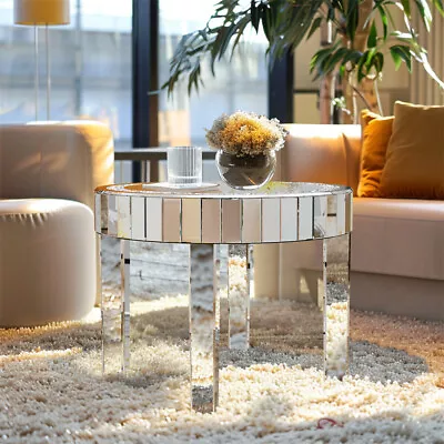 Modern Round Mirrored Coffee Table With Crystal Inlay Accent Table 4 Silver Legs • £129.94