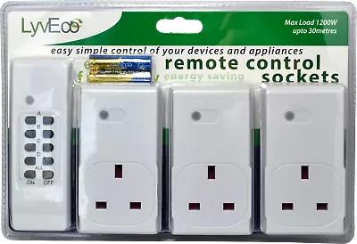 £31.99 • Buy Wireless Remote Control Plug Sockets 1200W Max Load LyvEco 4729 Pack Of 3