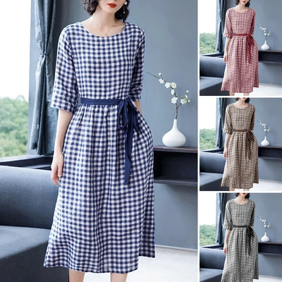 $33.01 • Buy ZANZEA Womens 3/4 Sleeve A Line Check Plaid Holiday Evening Swing Long Dress AU