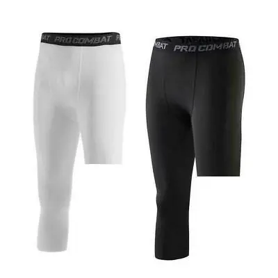 Men's 3/4 Compression Pants One-Leg Tights Athletic Base Basketball Lay • £7.92