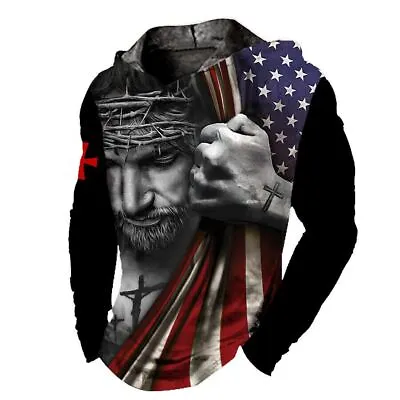 Men's Hoodie Hooded T Shirt Jesus USA American Flag Cross Sweatshirt LightWeight • $19.98