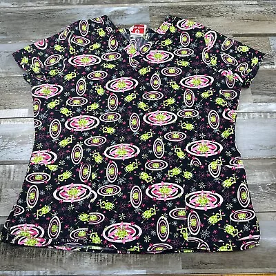 Women's White Cross Scrub Top M Black Pink Green Frogs Nurse Medical • $11.99