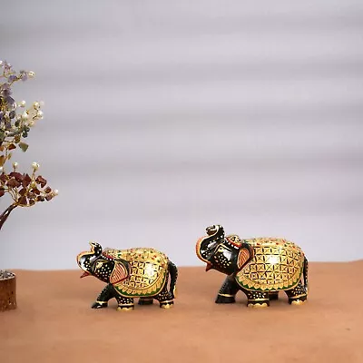 Wooden Elephant With Meenakari Artistry And Elegant Green Neck • $59.98