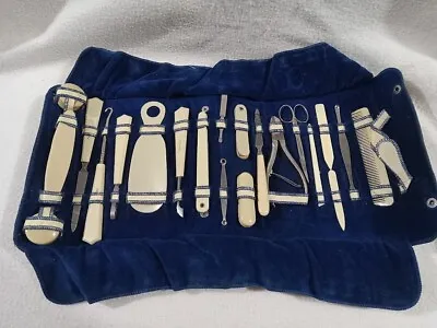 Vintage Manicure Set French Ivory 21 Pc Set Stunning Blue Velvet Personal Care • $19.50