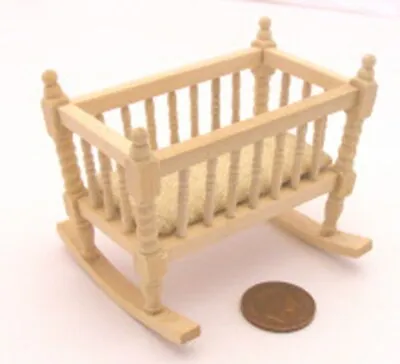 Natural Finish Wooden Rocking Cot Cradle 1:12 Scale Dolls House Nursery BEF024 • £5