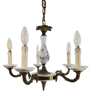 Mid-Century Brass And Porcelain 5-Light Floral Chandelier • $475