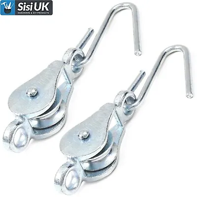 2x PULLEY & HOOK PAIR ~HEAVY DUTY~ WASHING LINE AIRER 32mm WHEEL HOIST AWNING • £9.02