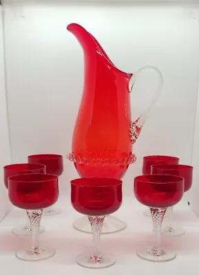 Vintage Mid Century Italian Empoli Art Glass Pitcher W  7 Hand Blown Glasses Red • $74.90