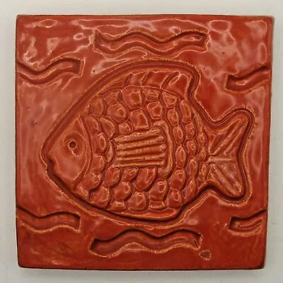 Vintage BSR Art Pottery Cincinnati Ohio Stoneware Fish Thick 4  Tile Rust Orange • $5