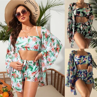 $8.79 • Buy Womens Leaf Bikini Set High Waist Shorts Long Sleeved Cardigan Cover Up Swimsuit