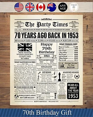 1953 UK British 70th Birthday Gift The United Kingdom In 1953 Birthday Poster • £4.68