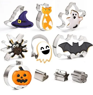 10 Pcs Halloween Cookie Cutter Set Bat Pumpkin Cat Ghost Stainless Steel... • £4