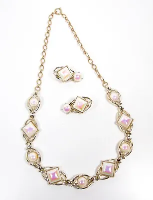 $30 • Buy Vintage Emmons Goldtone Iridescent White Pink Glass Cabs Choker & Earrings 1950s