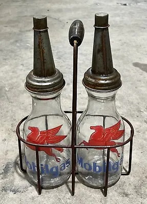 Set Of (2) MOBILGAS Pegasus Motor Oil Bottles W/ Metal Wire Oil Bottle Carrier • $160.74