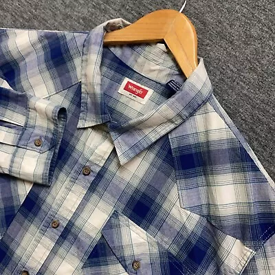 Wrangler Mens 2XL Button Up Plaid Blue Long Sleeve Shirt Pocket • $21