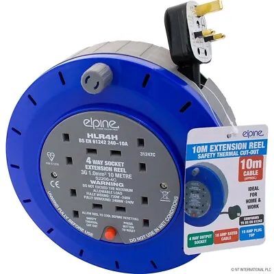 4 Way Gang Main Socket Extension Lead Heavy Duty 10M Cable Reel Electrical Cord • £21.99