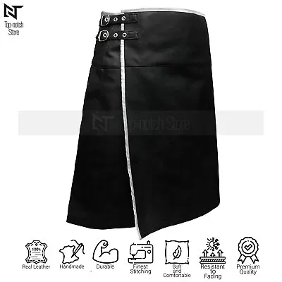 £64.50 • Buy Real Cow Leather Kilt Scottish Wrap Style Pleated With White Piping LARP LGBTQ