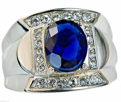 Blue Sapphire Simulated 6 Carat Mens Ring 316 Stainless Steel Size 9 T56 • $19.14