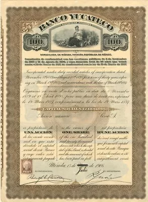 Banco Yucateco - 1906 Dated Mexican Bond - Mexican Stocks & Bonds • $410