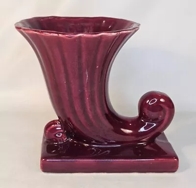 Vintage Cornucopia Vase Maroon Marked USA Shawnee Or McCoy • $14.99