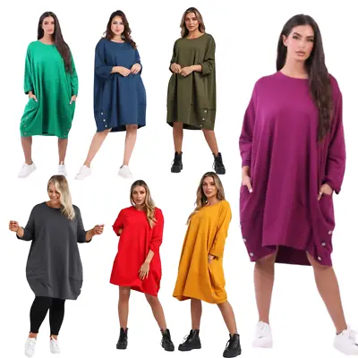 Womens Italian Buttoned Hem Lagenlook Cotton Long Sleeve Tunic Dress Plus Top • £28.99