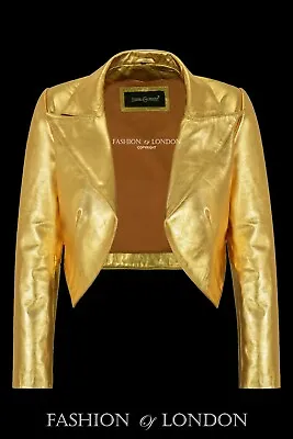 £76.50 • Buy Ladies Cropped Leather Shrug Golden Slim-fit Short Body Jacket Bolero Style 5650