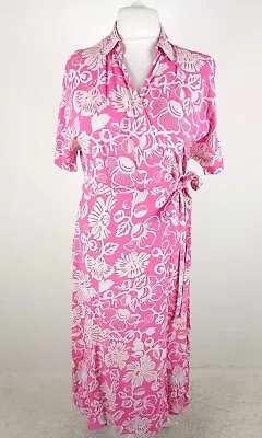 M&S Dress Pink Floral Print Collared Short Sleeve Maxi Wrap NEW F2 • £12.99