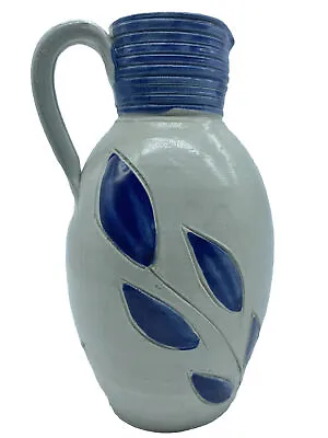 Williamsburg Pottery Stoneware Pitcher Salt Glaze Cobalt Blue Leaves Design 7.5” • $15
