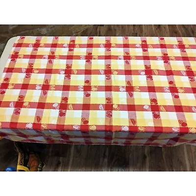 Tablecloth Vintage Cotton Plaid Fruit Red Yellow And White 48 By 88 Inches • $30