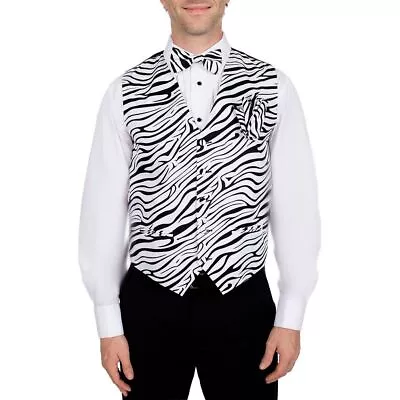 Men's Zebra Animal Print Tuxedo Vest Bowtie Hanky Set Proms Fashion Waistcoat • $33.95