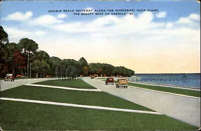 Double Beach Driveway ~ Mississippi Gulf Coast ~ Antique Cars ~ 1940s Postcard • $1.99