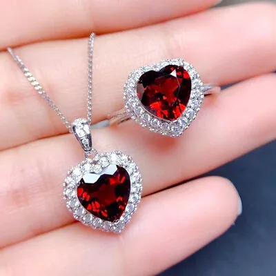 2pc Love Heart Jewelry Set Fire Red Garnet Gemstone Women Silver Pendant Ring • $7.99