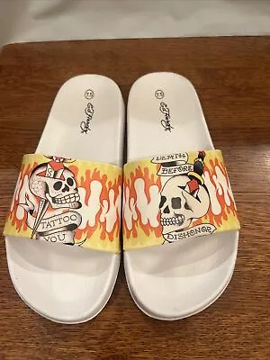 Ed Hardy Women Flip Flops Tattoo You Slides Skulls Fire Flames Sz 8 (See Size) • $25